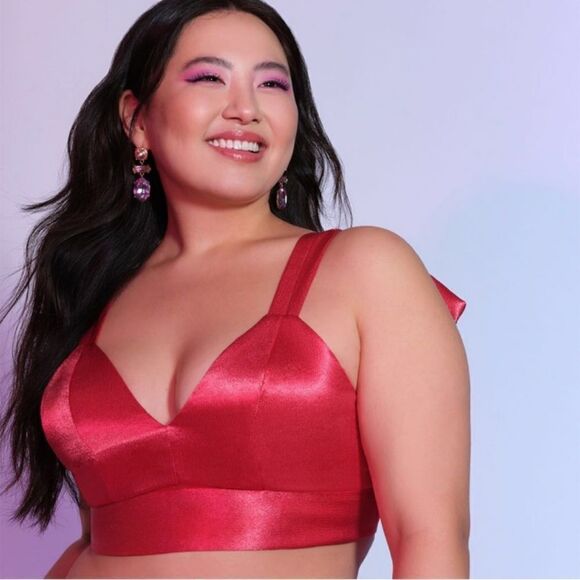 NWT Eloquii pink satin bow tie shoulder crop top bra size 22 - Picture 8 of 9